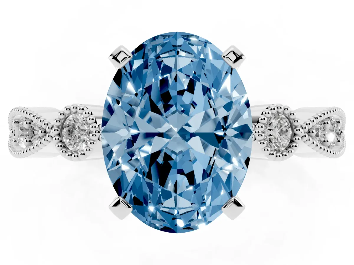Fancy Blue Oval Cut Milgrain Bezel Diamond Engagement Ring with Solitaire Prong Setting Silver