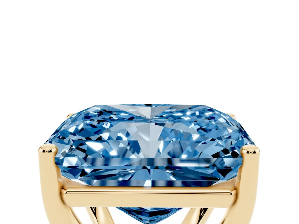 Fancy Blue Radiant Cut Cut Diamond Solitaire Engagement Ring with Tapered Plain Band and Four-Prong Setting Yellow gold