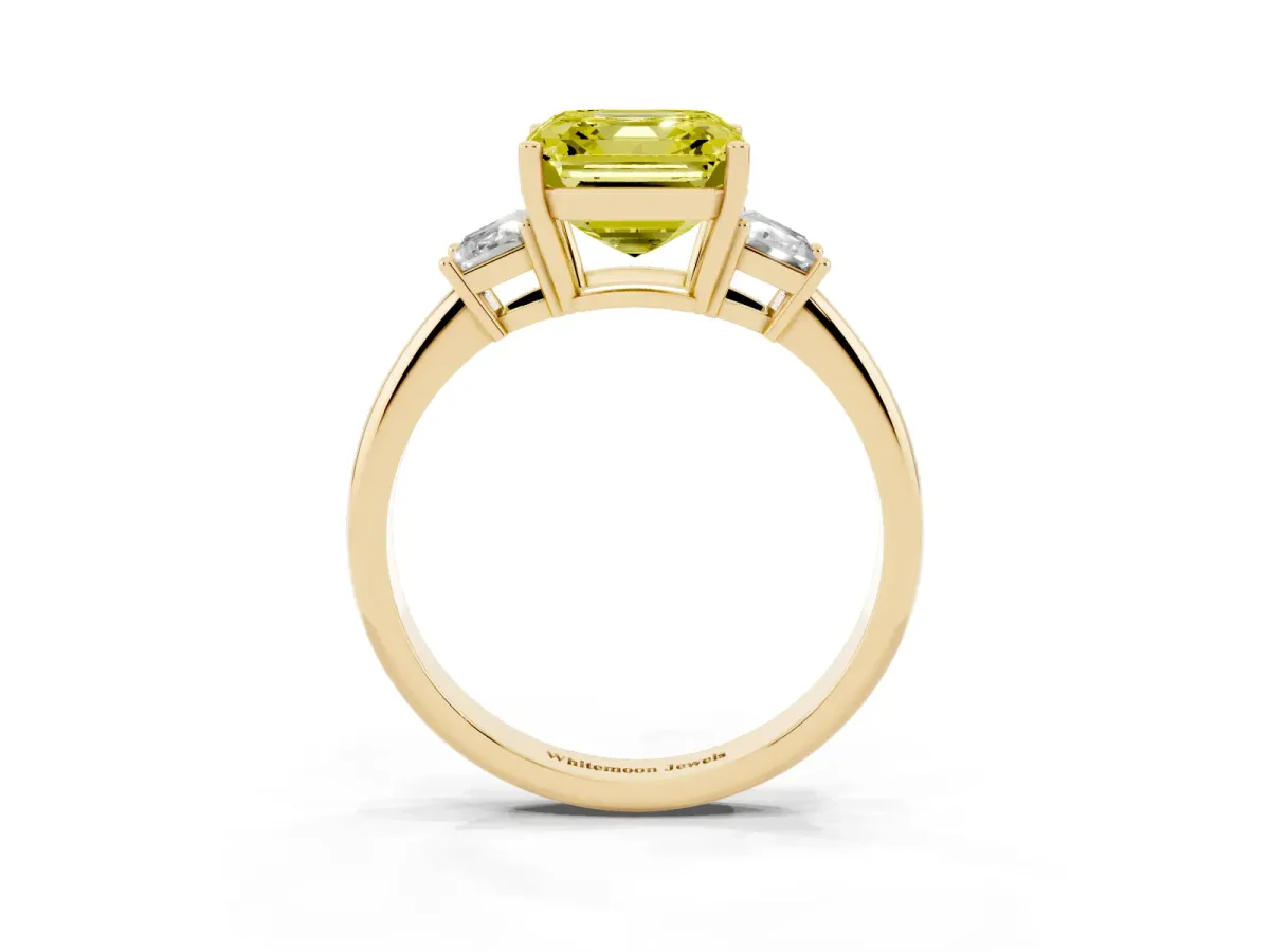 Fancy Yellow Asscher Cut Diamond Three-Stone Ring with Trapezoid Side Stones and Prong Setting Yellow gold