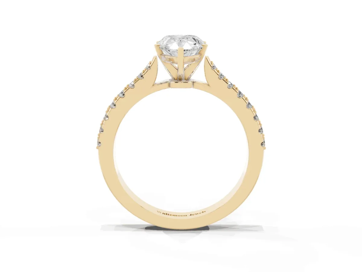 Pear Cut Cut Solitaire Diamond Engagement Ring with Pave Band and Four-Prong Setting Yellow gold