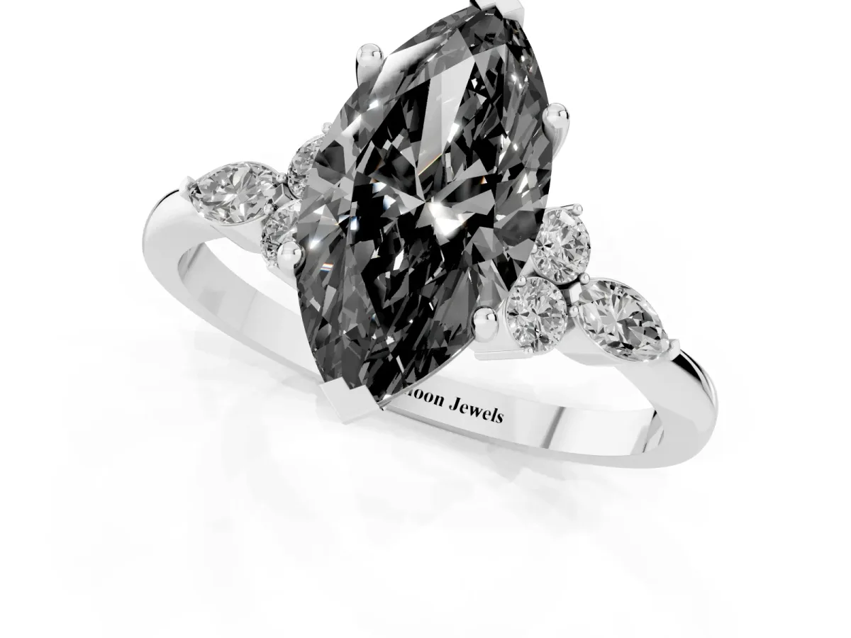 Fancy Black Marquise Cut Brilliant Diamond Solitaire Ring with Pear Side Stones and Four-Prong Setting Silver