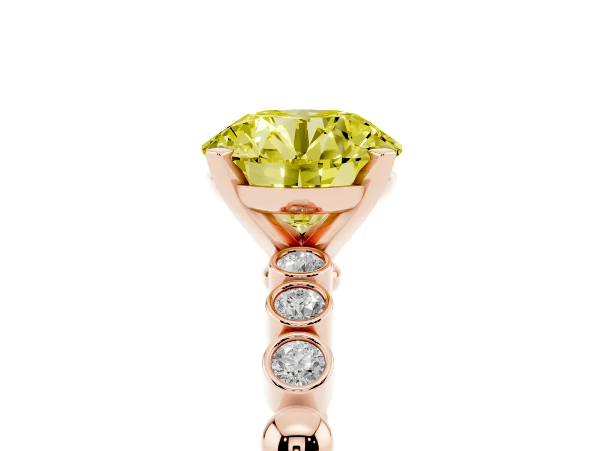 Fancy Yellow Round Cut Solitaire Bezel Accent Diamond Engagement Ring with Beaded Band and Four-Prong Setting Rose gold