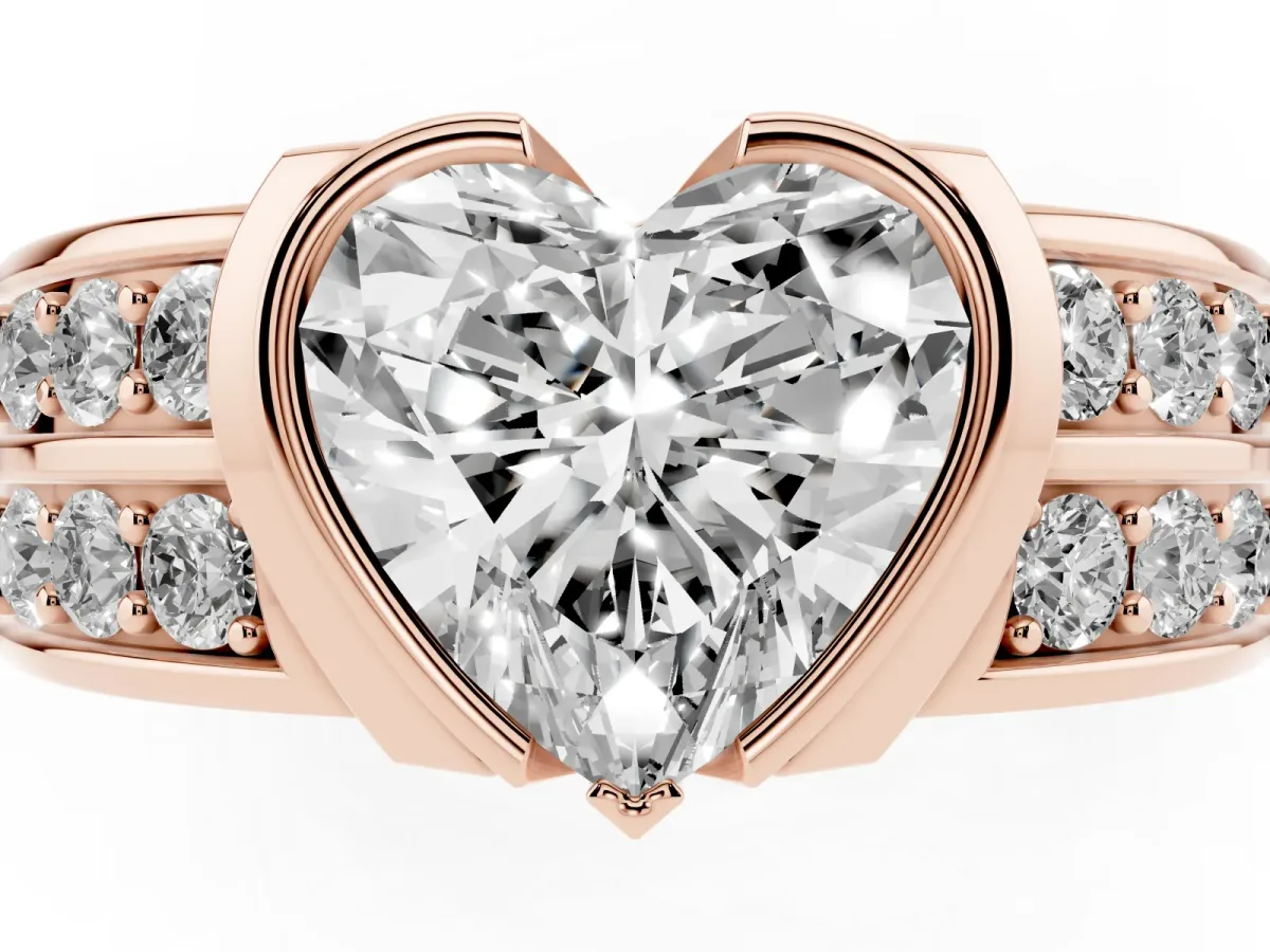 Heart Cut Brilliant Diamond Channel Set Wide Band Ring with Bezel Setting Rose gold