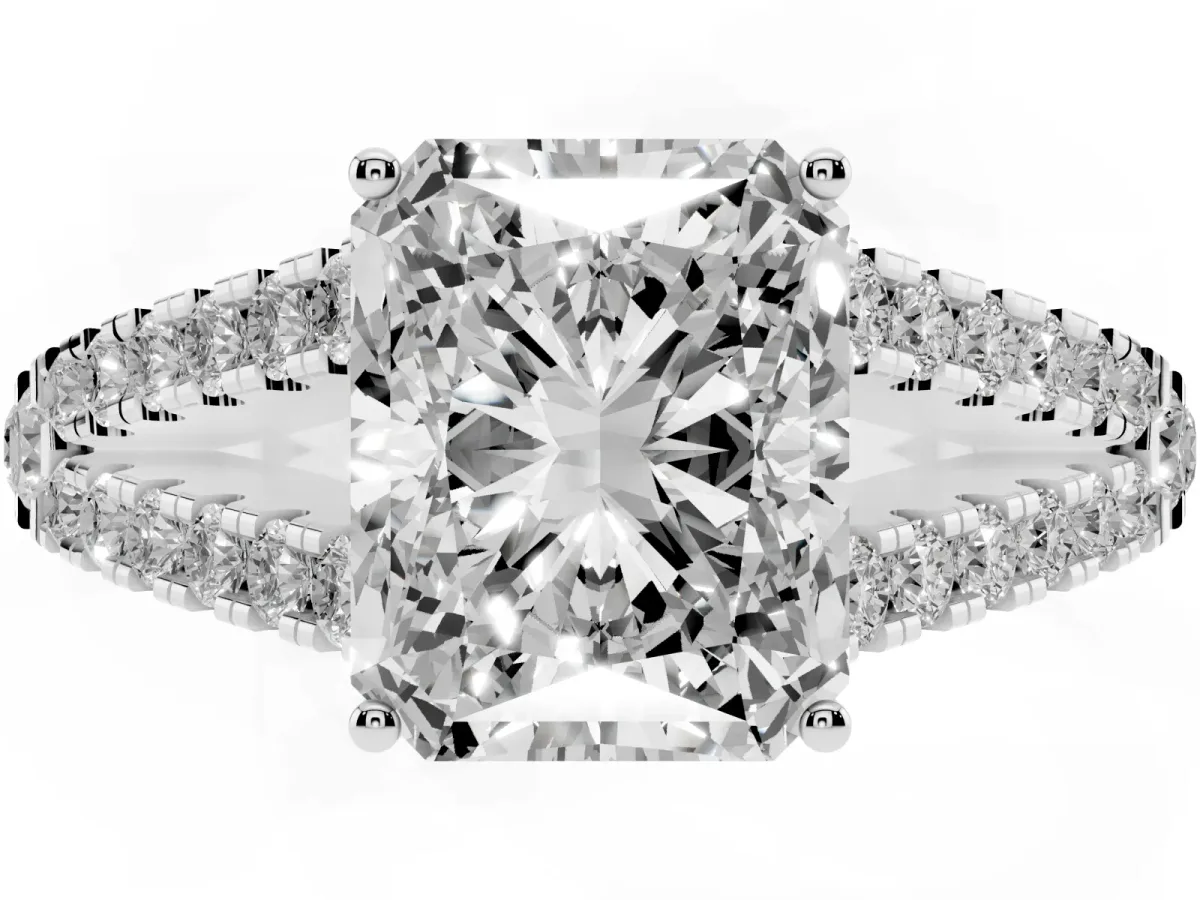 Radiant Cut Diamond Split Shank Pavé Engagement Ring with Four-Prong Setting White gold