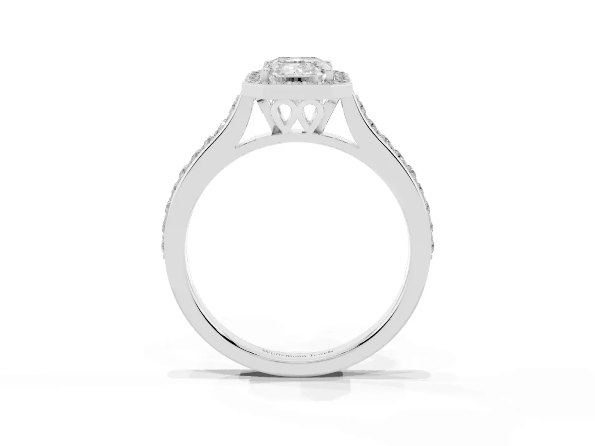 Emerald Cut Diamond Halo Engagement Ring with Round Pavé Shoulders and Prong Setting White gold