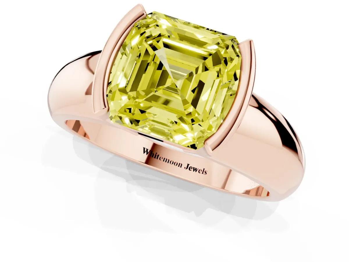 Fancy Yellow Asscher Cut Solitaire Tension Set Diamond Ring with Wide Band Rose gold