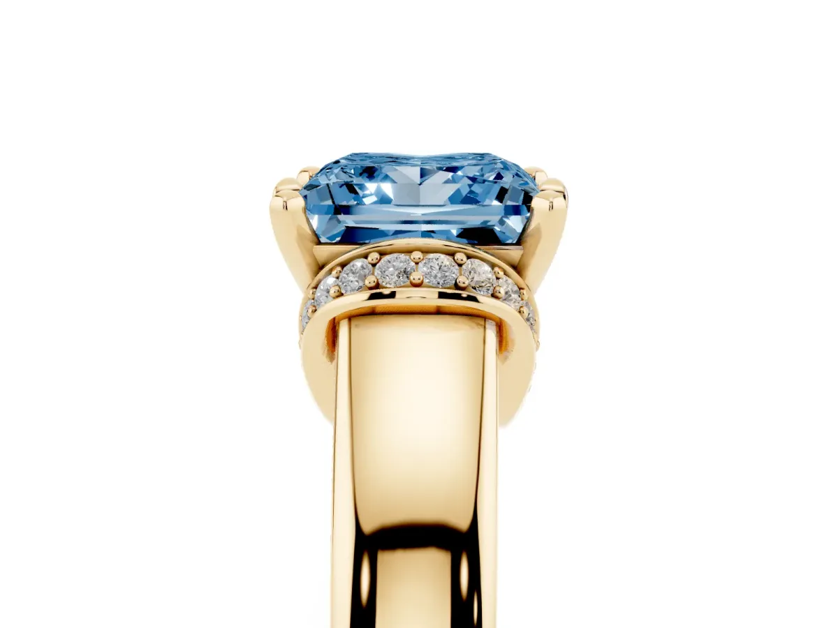 Fancy Blue Princess Cut Solitaire Diamond Ring with Pave Band and Six-Prong Setting Yellow gold