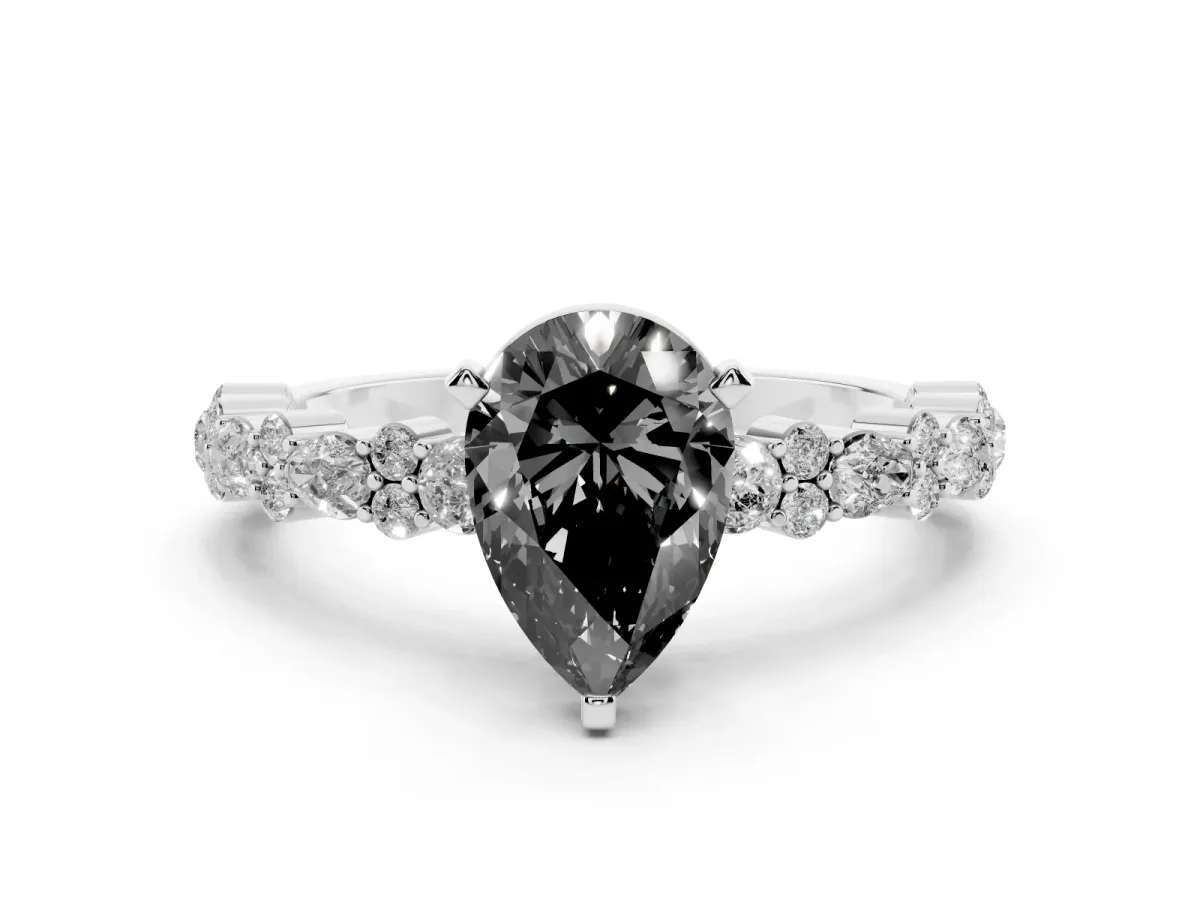 Fancy Black Pear Cut Diamond Side Stone Solitaire Ring with Round and Four-Prong Setting Platinum