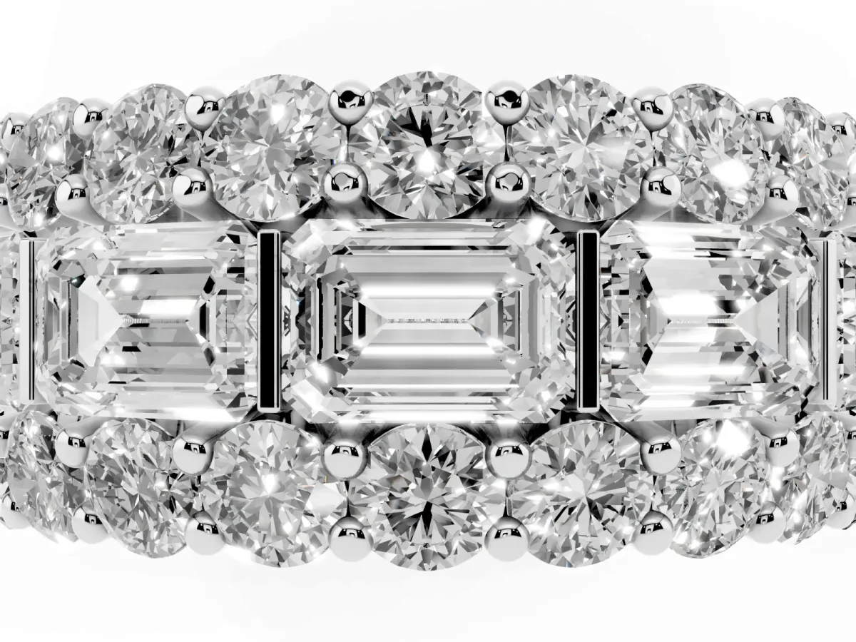 Emerald Cut and Round Diamond Three-Row Eternity Mens Band Platinum