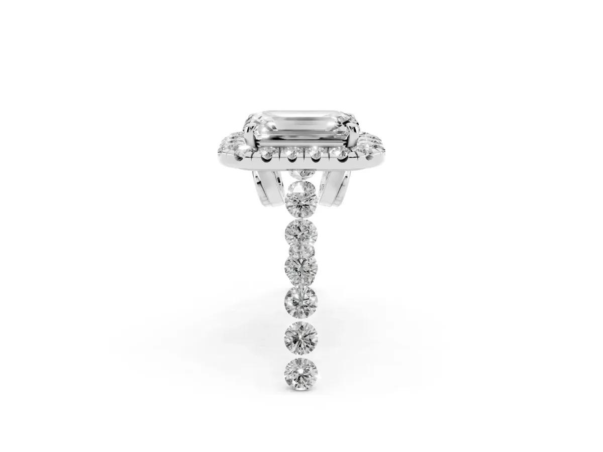 Emerald Cut Halo Pavé Diamond Engagement Ring with Four-Prong Setting Silver