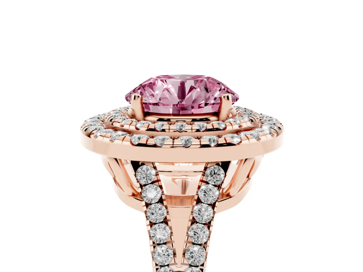 Fancy Pink Round Cut Diamond Double Halo Ring with Pavé Band and Prong Setting Rose gold