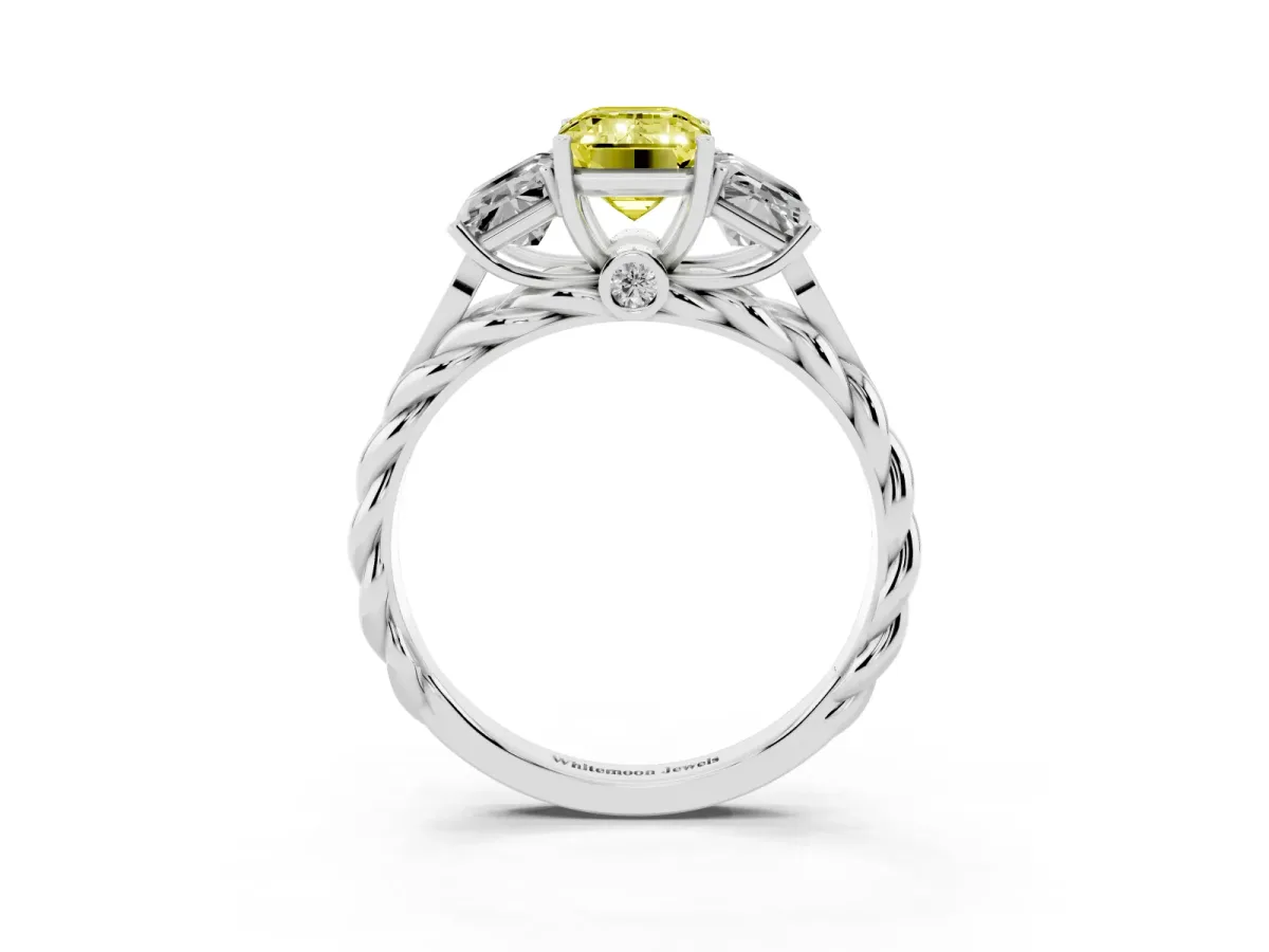Fancy Yellow Three-Stone Emerald Cut Diamond Braided Band Ring with Four-Prong Setting Platinum