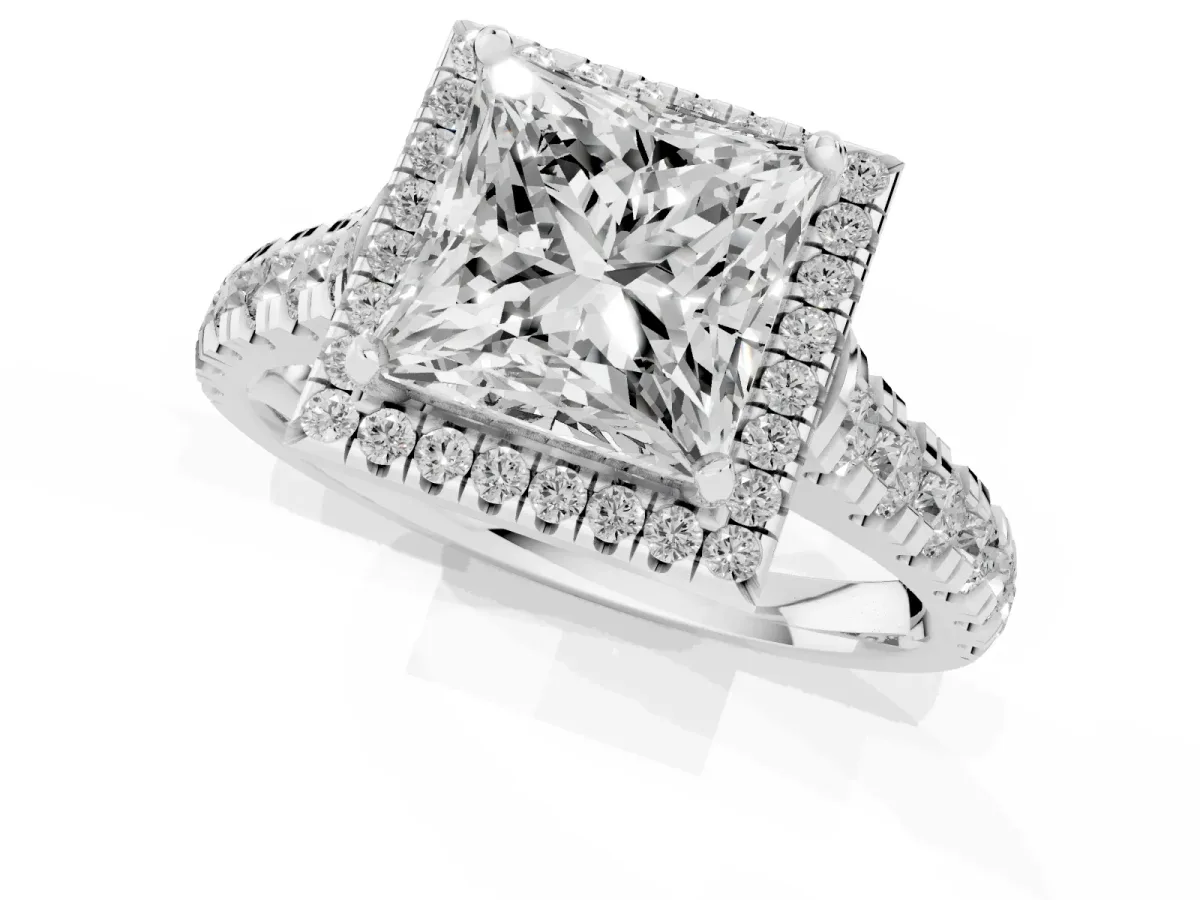 Princess Cut Halo Pavé Diamond Engagement Ring with Four-Prong Setting Silver