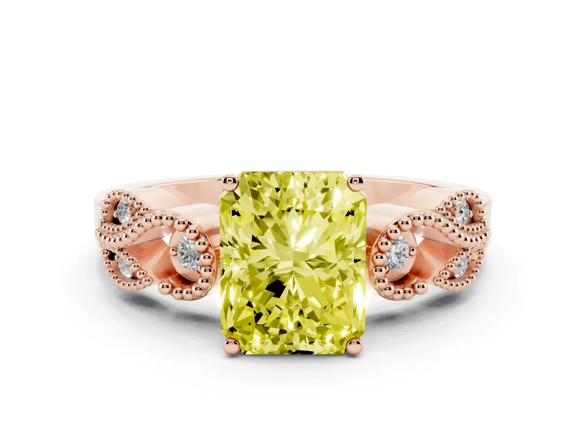 Fancy Yellow Radiant Cut Solitaire Milgrain Leaf Band with Prong Setting Rose gold