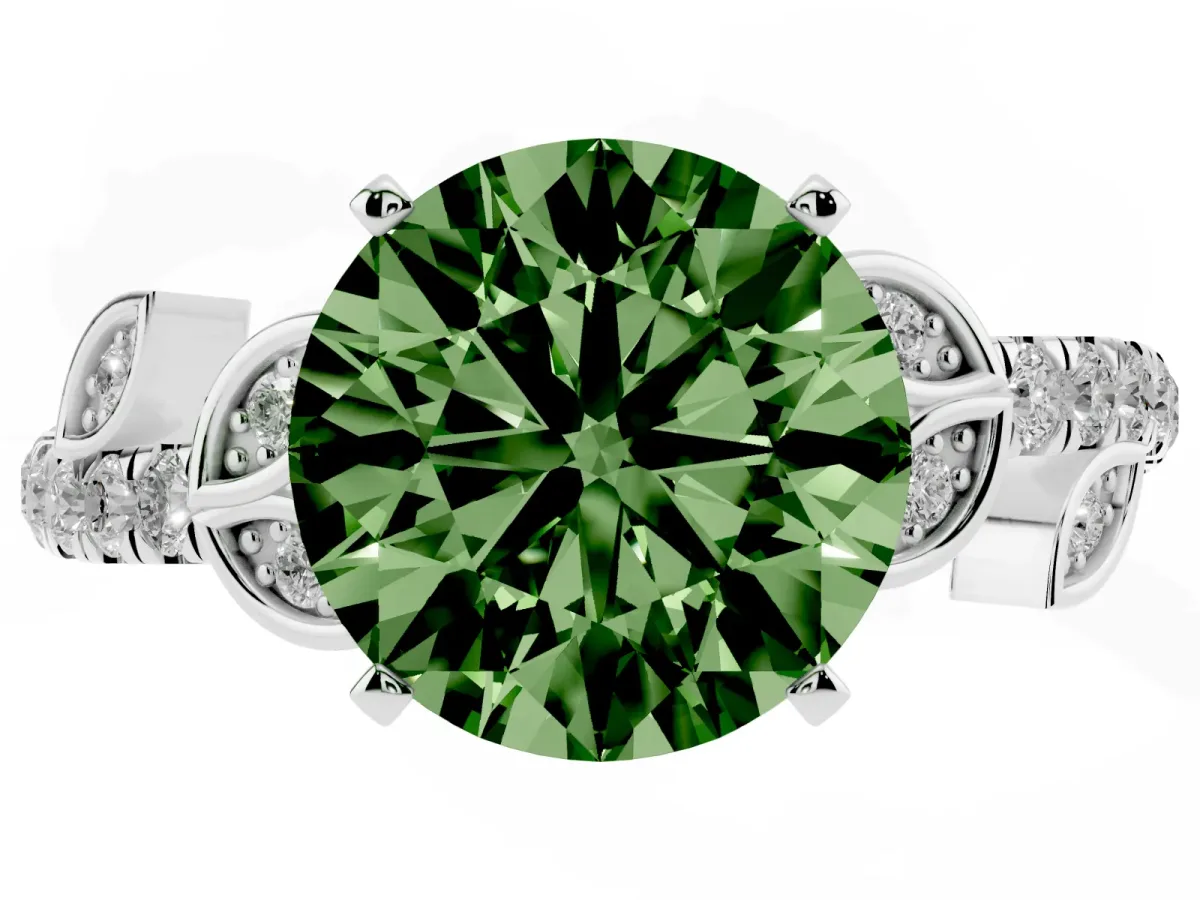 Fancy Green Round Cut Solitaire Leaf-Inspired Diamond Ring with Pavé Band and Four-Prong Setting Silver