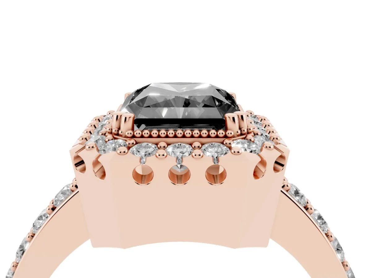 Fancy Black Radiant Cut Diamond Halo Ring with Pavé Band and Prong Setting Rose gold