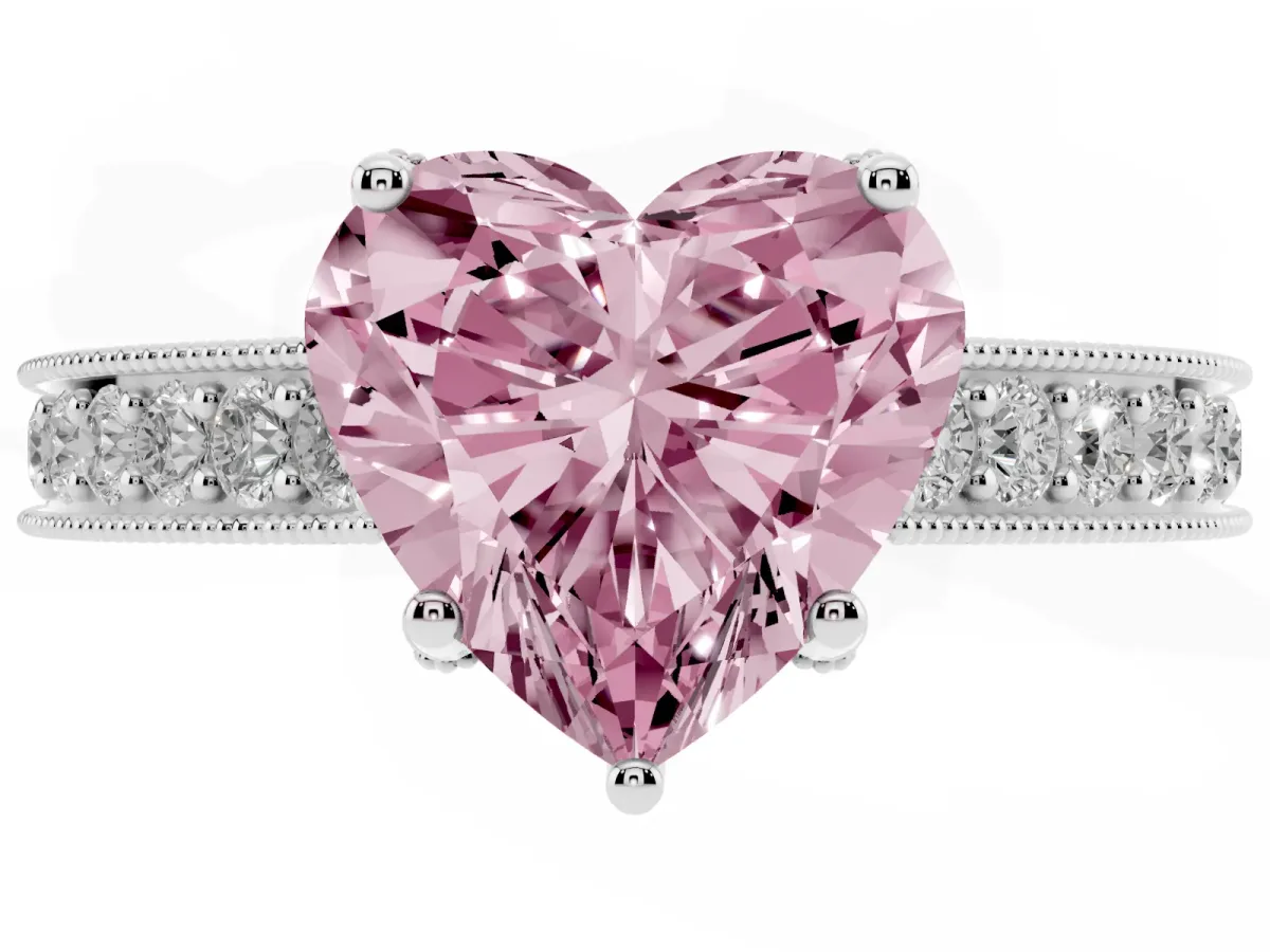 Fancy Pink Heart Cut Cut Diamond Solitaire Ring with Milgrain Pave Band and Four Prong Setting Silver