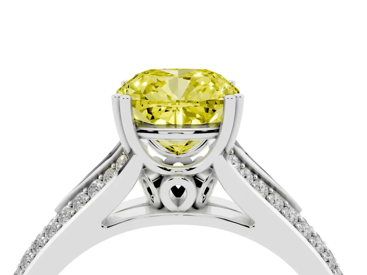 Fancy Yellow Cushion Cut Diamond Split Shank Engagement Ring with Pavé Band Silver