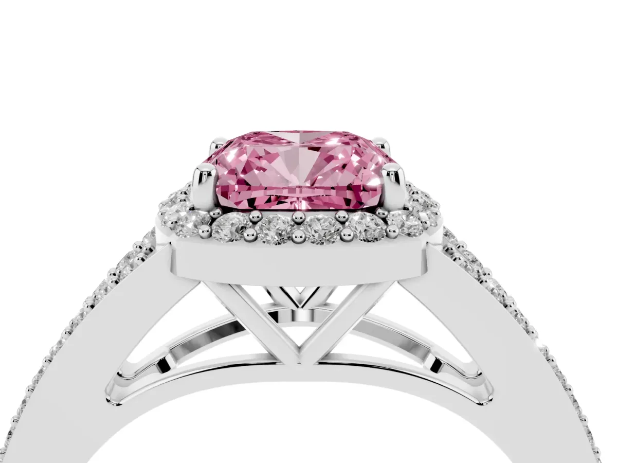 Fancy Pink Cushion Cut Halo Split Shank Diamond Ring with Prong Setting Silver