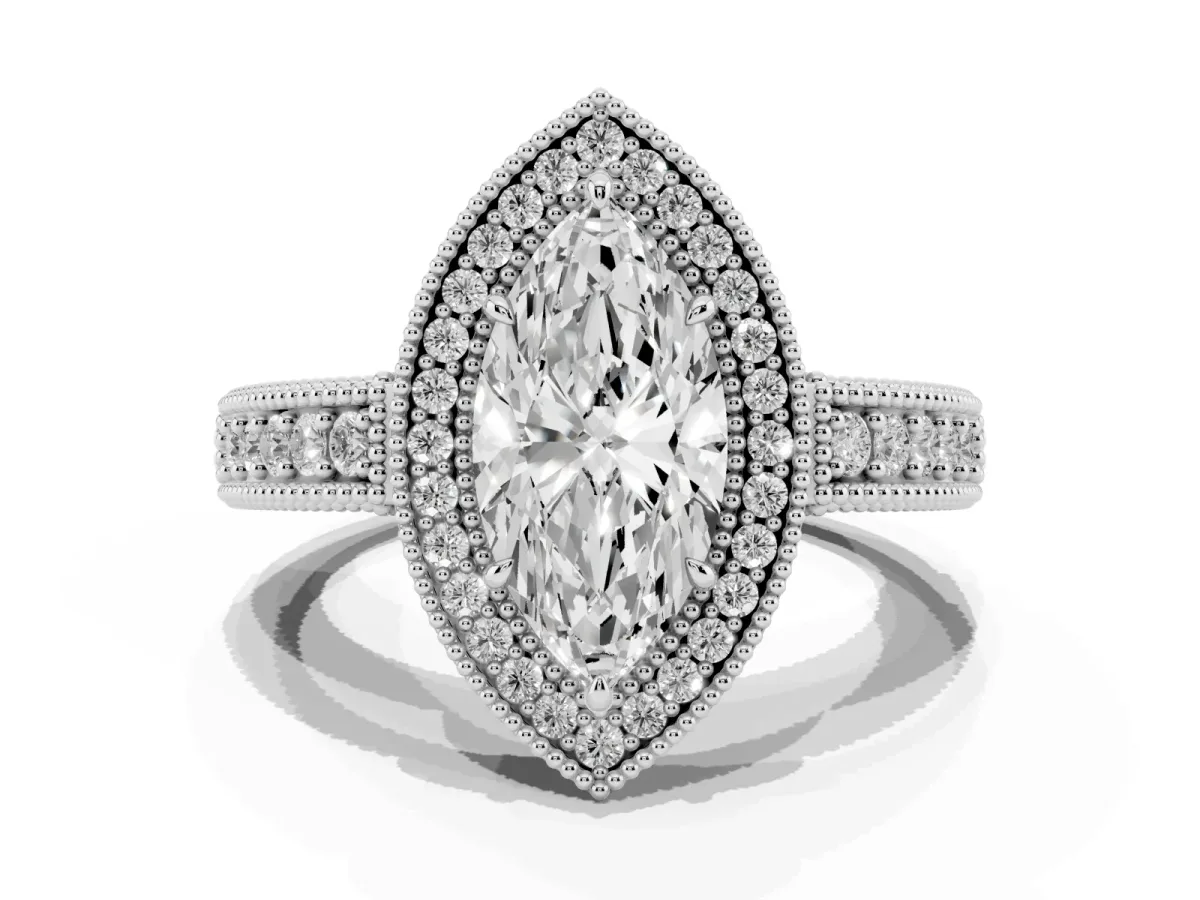 Marquise Cut Cut Halo Diamond Ring with Pavé Band and Four-Prong Setting Platinum