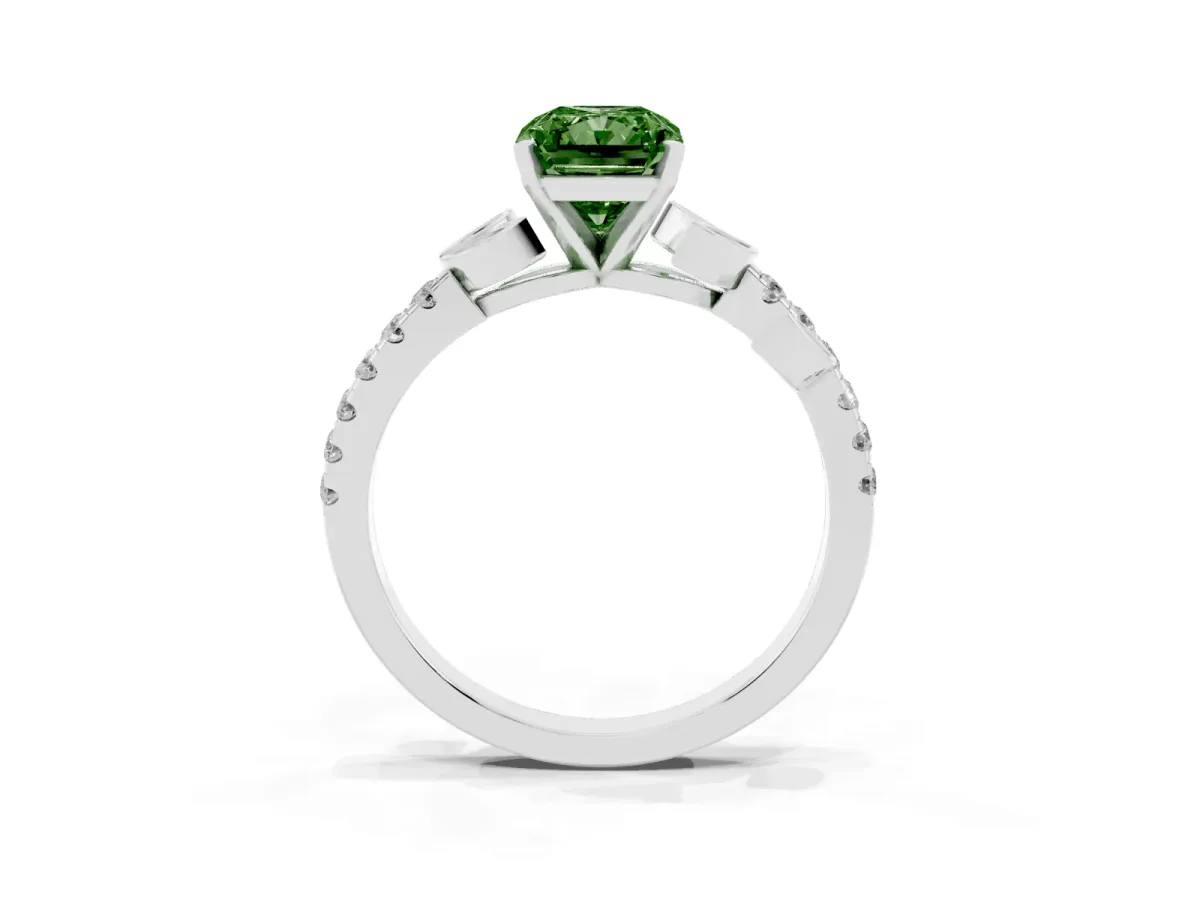 Fancy Green Radiant Cut Solitaire Leaf-Inspired Diamond Ring with Pavé Band and Four-Prong Setting Silver