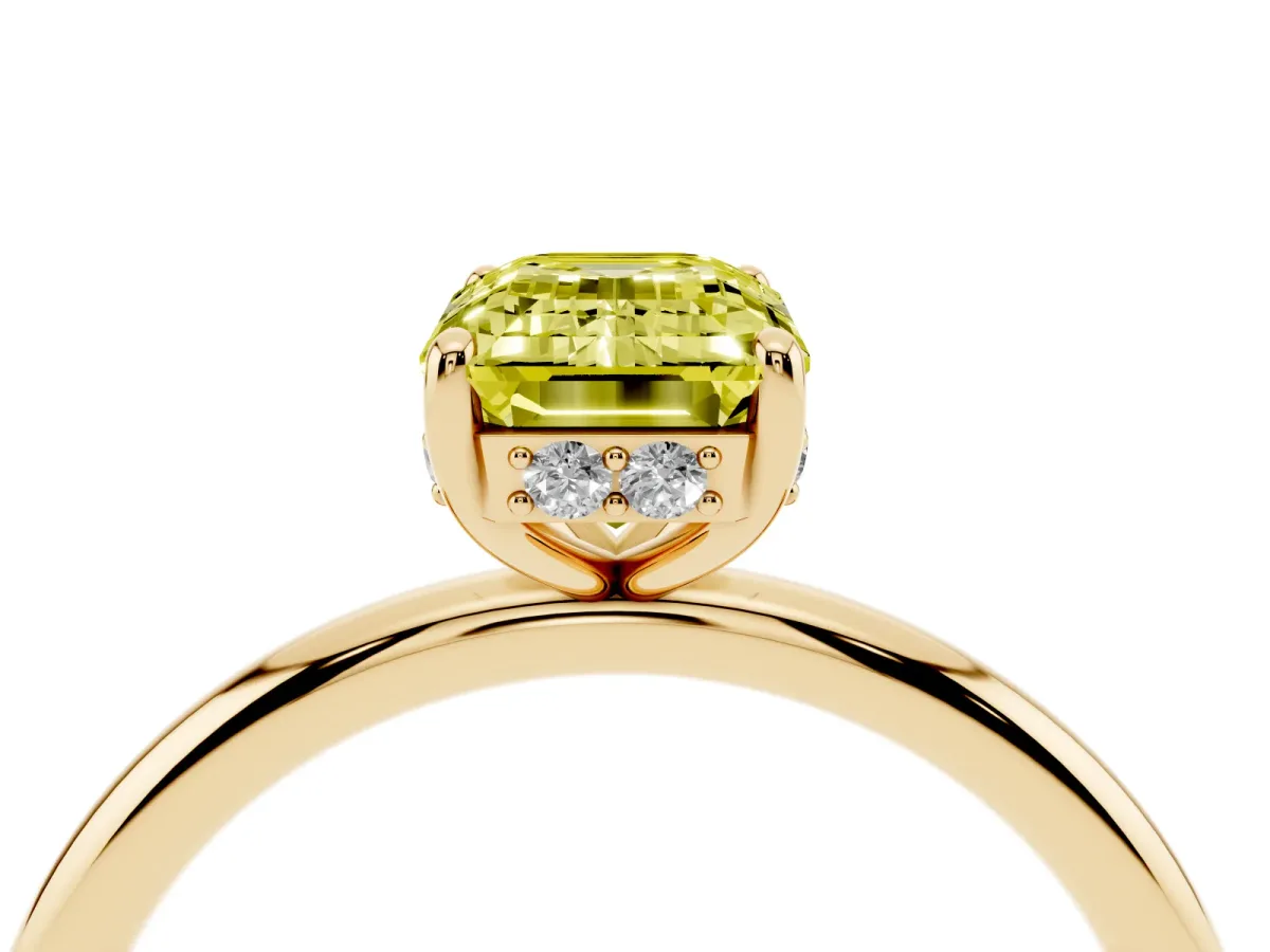 Fancy Yellow Emerald Cut Solitaire Diamond Ring with a Classic Band and Four-Prong Setting Yellow gold