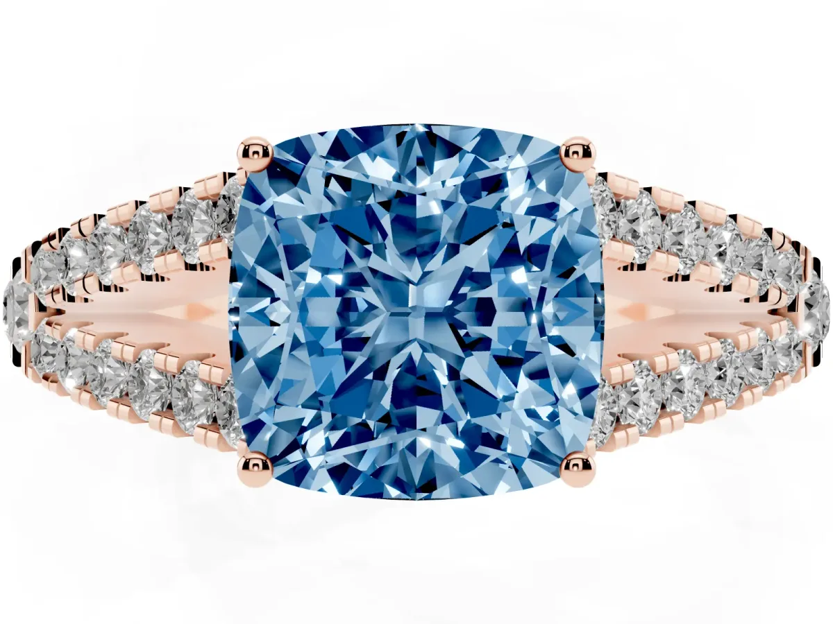 Fancy Blue Cushion Cut Diamond Split Shank Engagement Ring with Round Pavé and Prong Setting Rose gold
