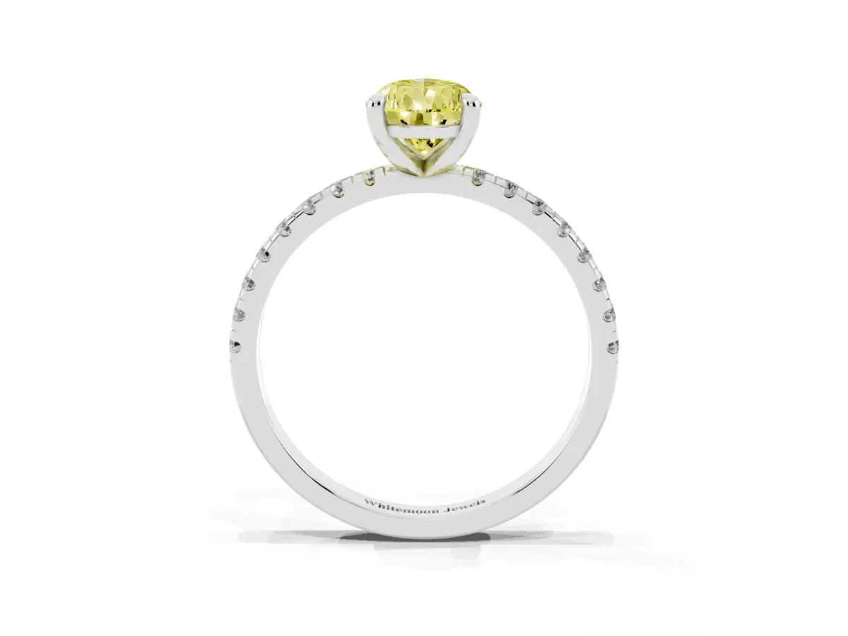 Fancy Yellow Pear Cut Diamond Brilliant Solitaire Ring with Pavé Band and Four-Prong Setting Silver
