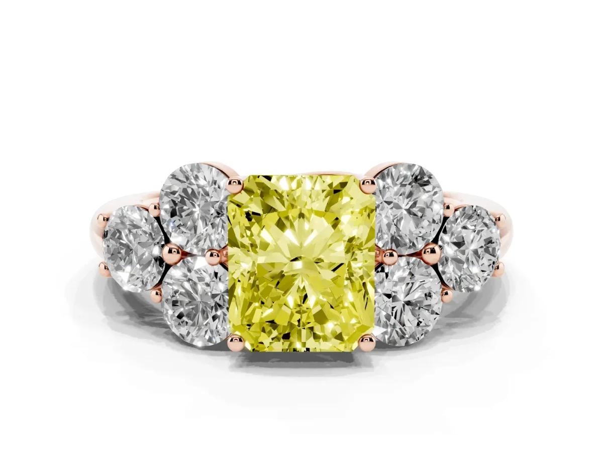 Fancy Yellow Radiant Cut Cut Diamond Cluster Ring with Round Accent Stones and Prong Setting on a Classic Band Rose gold