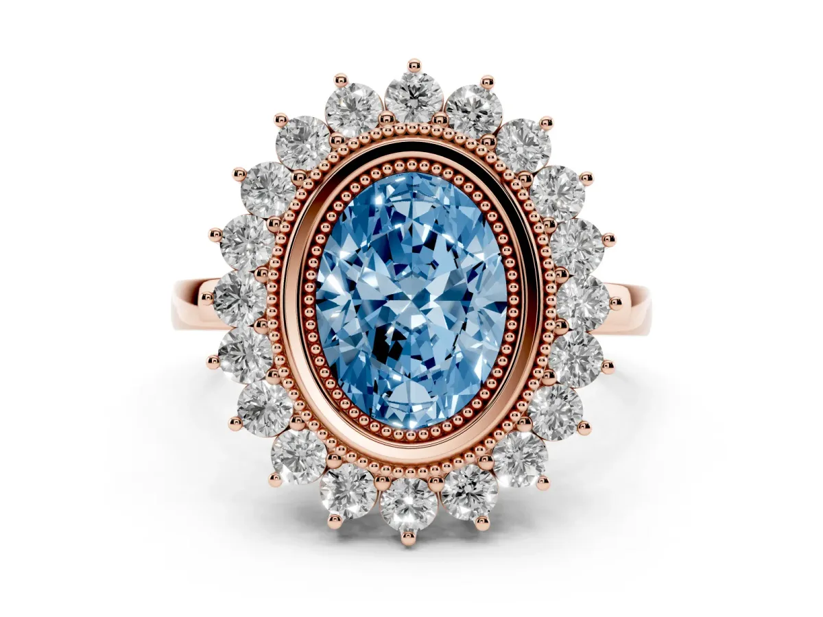 Fancy Blue Oval Cut Halo Diamond Ring with Milgrain Edge and Round Prong Setting Rose gold