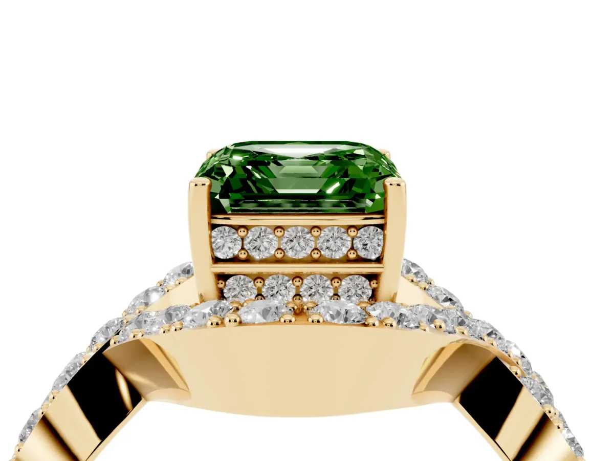 Fancy Green Asscher Cut Solitaire Twist Band Pavé Diamond Engagement Ring Yellow gold
