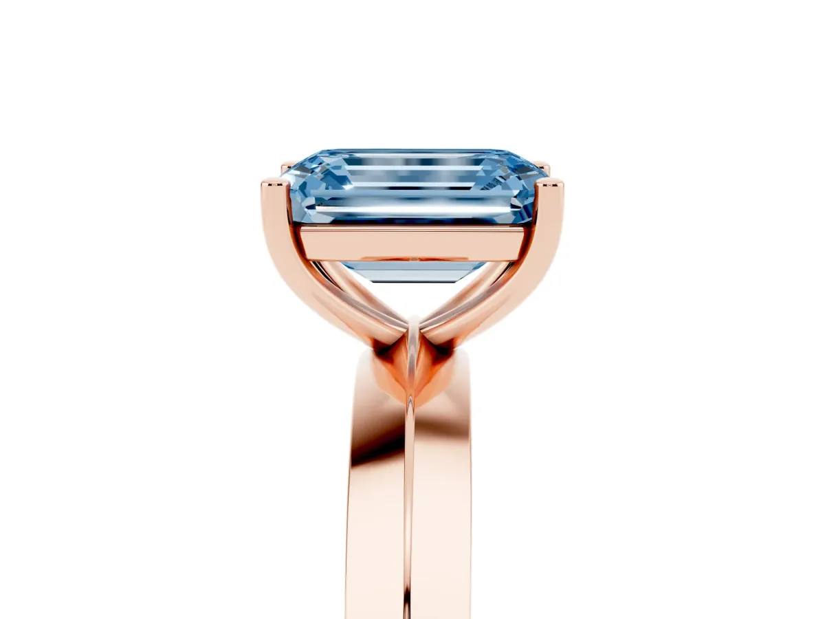 Fancy Blue Emerald Cut Cut Solitaire Engagement Ring with Flat Band and Four-Prong Setting Rose gold