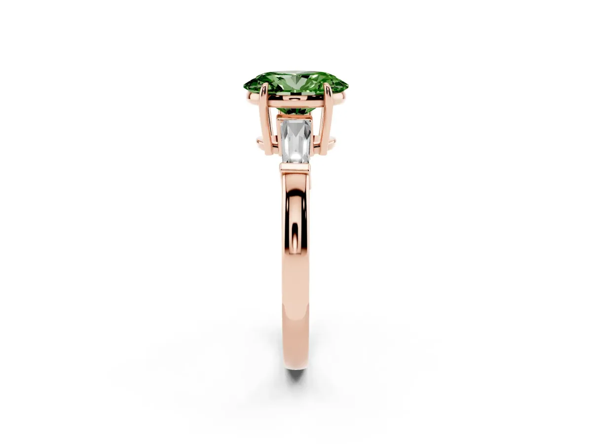 Fancy Green Oval Cut Diamond Three-Stone Ring with Tapered Baguette Side Stones and Prong Setting Rose gold