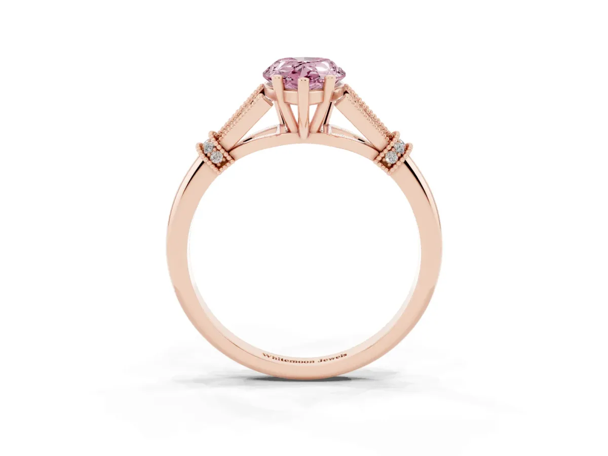 Fancy Pink Pear Cut Diamond Solitaire Ring with Floral Filigree and Pave Accents Rose gold