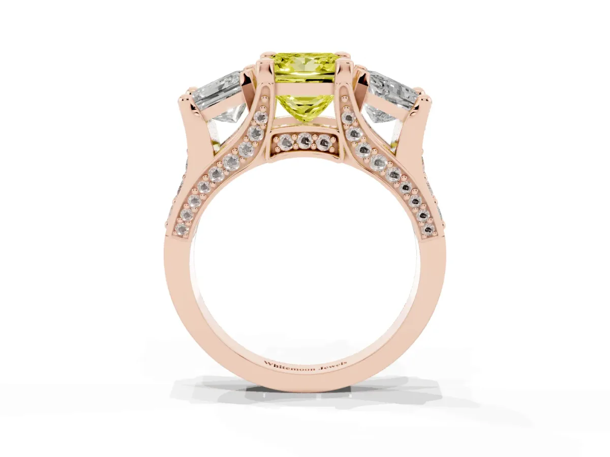 Fancy Yellow Princess Cut Diamond Three-Stone Ring with Channel Set Band and Four-Prong Setting Rose gold