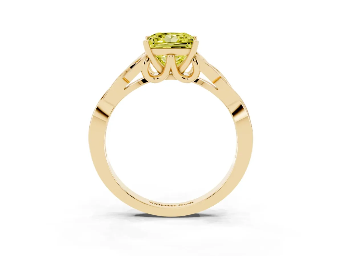 Fancy Yellow Princess Cut Diamond Solitaire Engagement Ring with Celtic Knot Band and Four-Prong Setting Yellow gold
