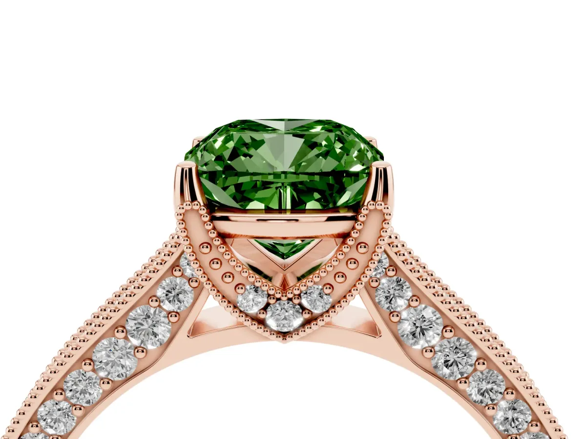 Fancy Green Cushion Cut Cut Diamond Solitaire Ring with Milgrain Pave Band and Four Prong Setting Rose gold