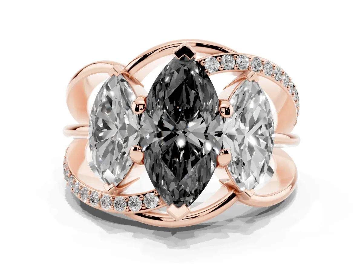 Fancy Black Three-Stone Marquise Cut Cut Diamond Split Shank Prong Set Ring Rose gold