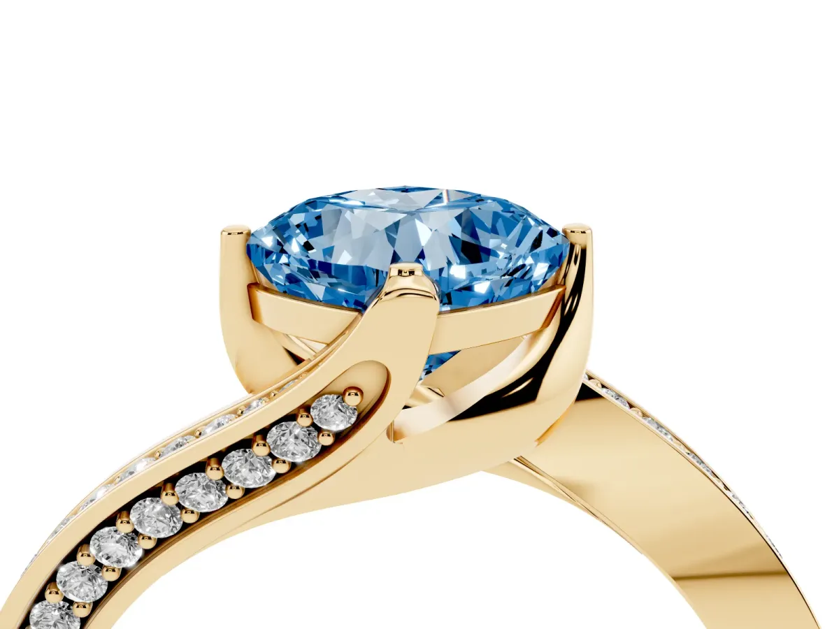 Fancy Blue Cushion Cut Solitaire Diamond Twist Band with Pavé Setting and Four-Prong Setting Yellow gold