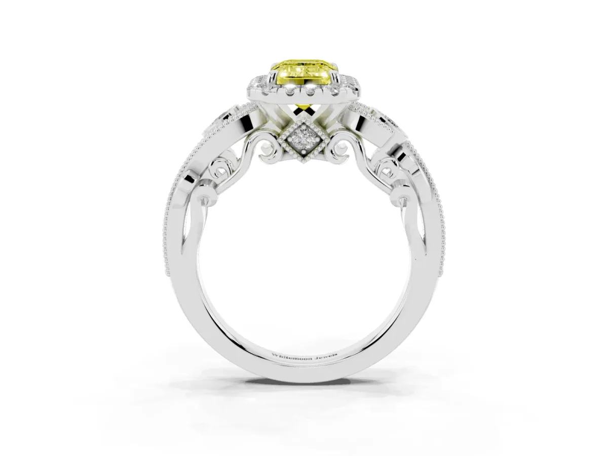 Fancy Yellow Emerald Cut Halo Diamond Ring with Milgrain and Bezel Accents on a Split Shank Band Platinum