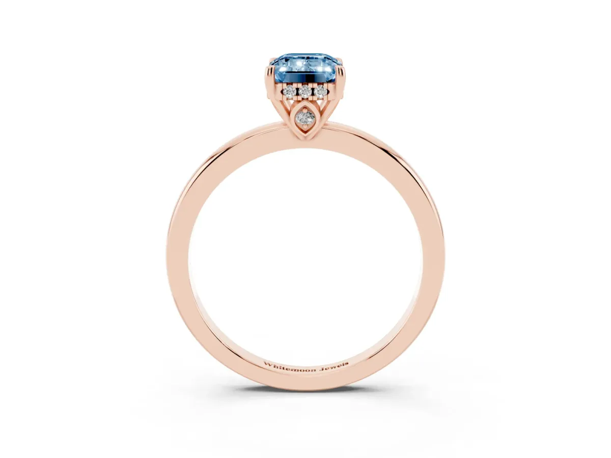 Fancy Blue Emerald Cut Solitaire Diamond Ring with Prong Setting and Plain Band Rose gold