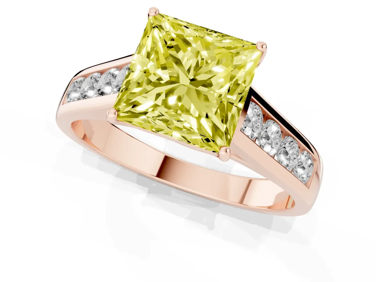 Fancy Yellow Princess Cut Solitaire Channel-Set Diamond Engagement Ring with Four-Prong Setting Rose gold