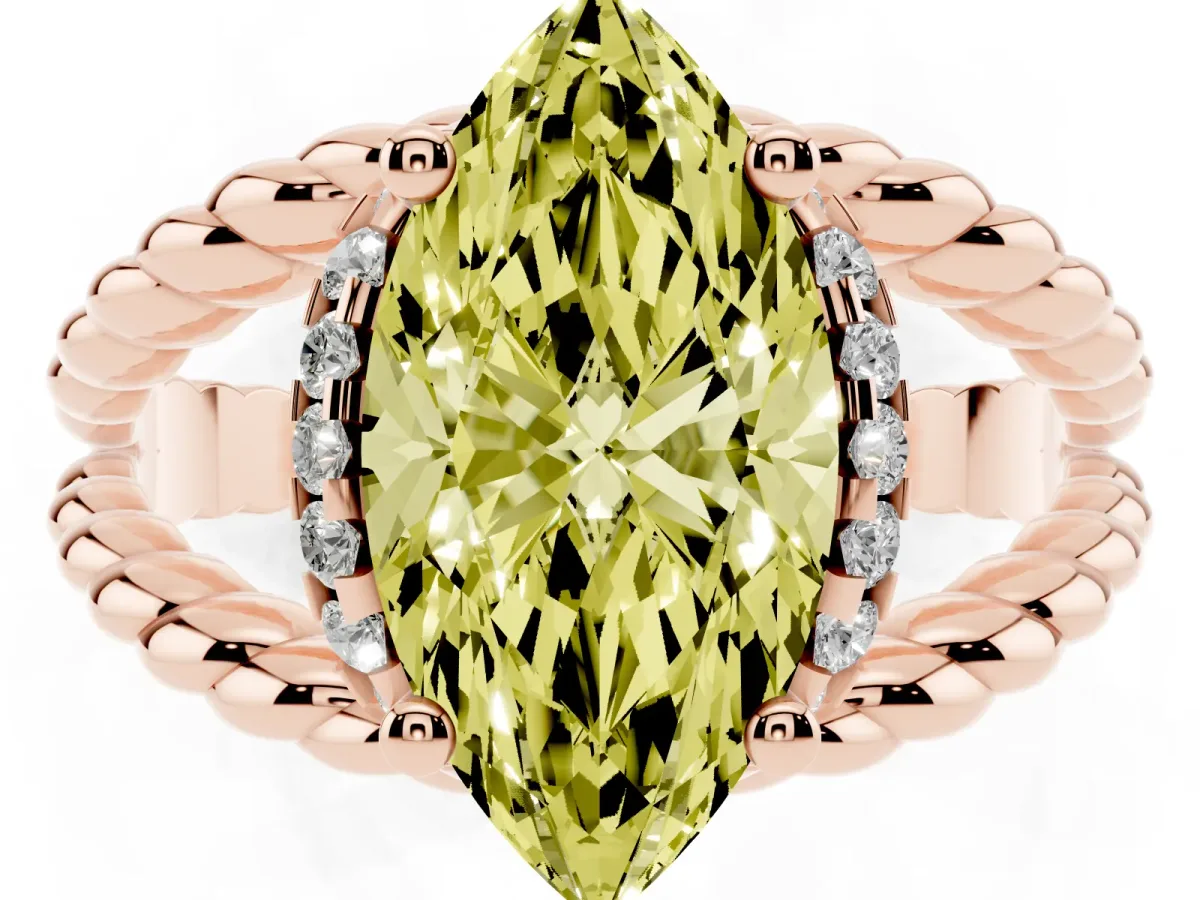 Fancy Yellow Marquise Cut Halo Twisted Band Four-Prong Ring Rose gold