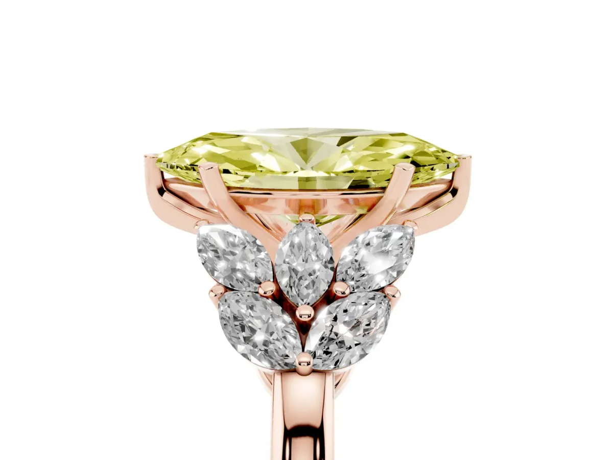 Fancy Yellow Marquise Cut Diamond Cluster Leaf Design Ring with Prong Setting Rose gold