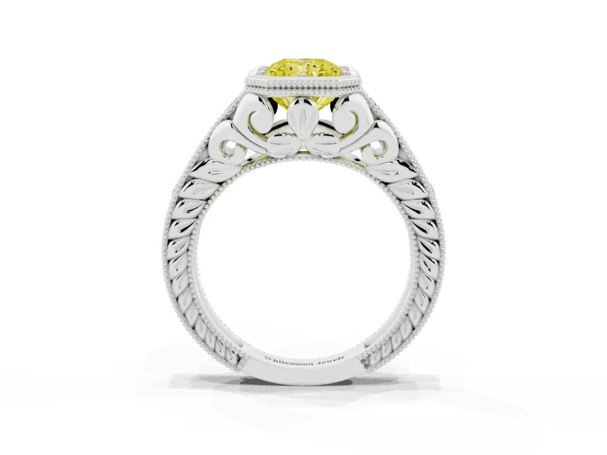Fancy Yellow Bezel Set Radiant Cut Diamond Milgrain Pave Engagement Ring Silver