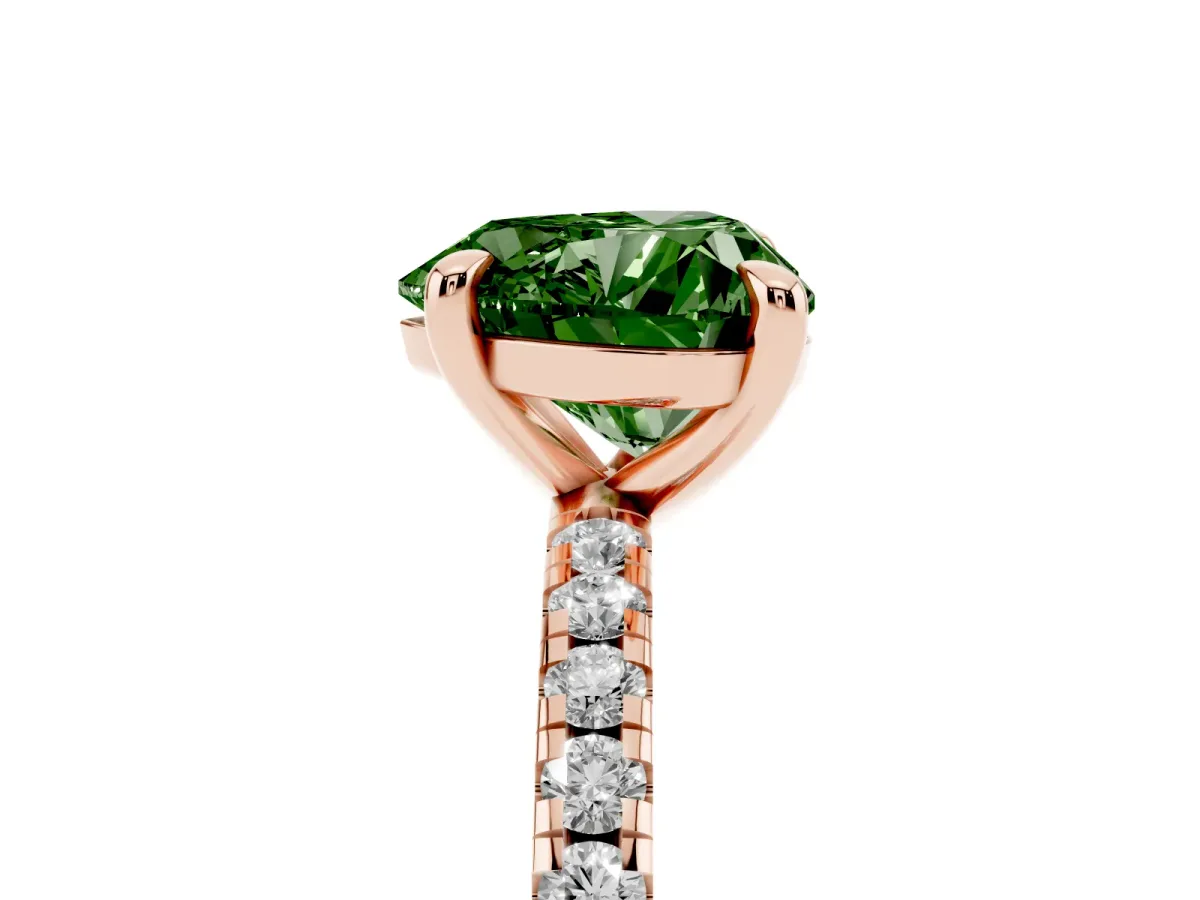 Fancy Green Heart Cut Diamond Brilliant Solitaire Ring with Pavé Band and Four-Prong Setting Rose gold