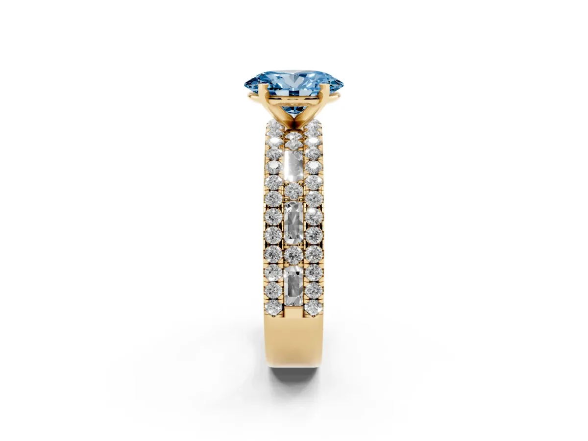 Fancy Blue Oval Cut Diamond Solitaire Ring with Pavé and Channel Set Band Yellow gold
