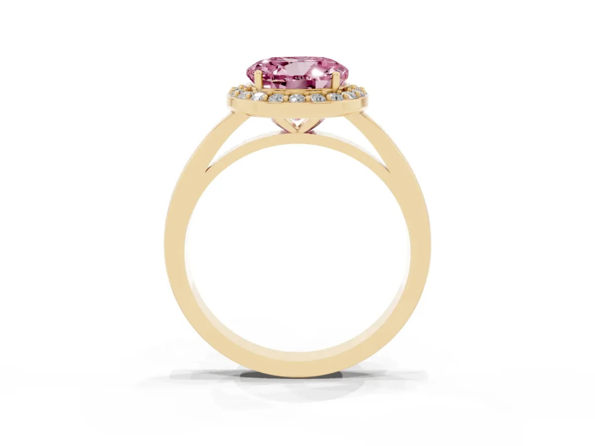 Fancy Pink Round Cut Halo Diamond Ring with Solitaire Band and Prong Setting Yellow gold