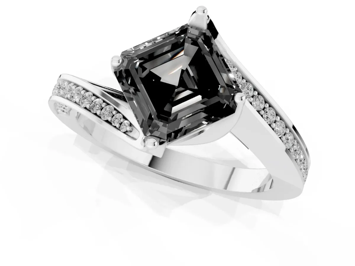 Fancy Black Asscher Cut Solitaire Diamond Twist Band with Pavé Setting and Four-Prong Setting Silver