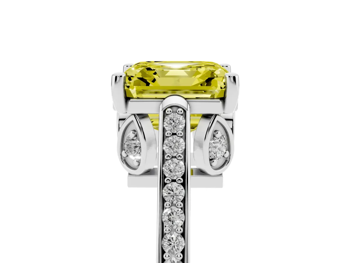 Fancy Yellow Asscher Cut Cut Cathedral Pave Diamond Engagement Ring with Six-Prong Setting Silver